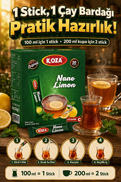Koza Gurmelerin Seçimi Pratik Lezzet Mentollü Nane Limon Aromalı Tek İçimlik Premium İçecek Tozu 20 Stick