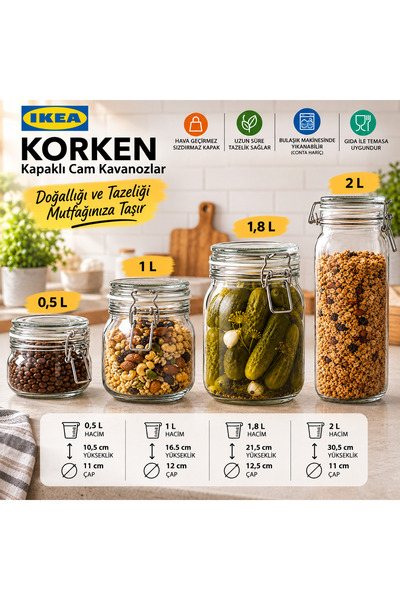 IKEA TREV 4'lü Cam Kavanoz Seti (1 Adet 2 L + 1 Adet 1.8 L + 1 Adet 1 L + 1 A...