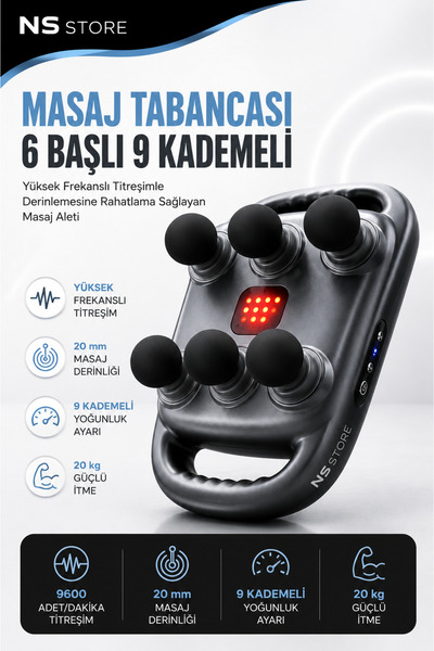 NS Store 6 Başlıklı, 9 Modlu Yüksek Frekanslı Titreşimli Şarjlı Profesyonel Kas Masaj Aleti