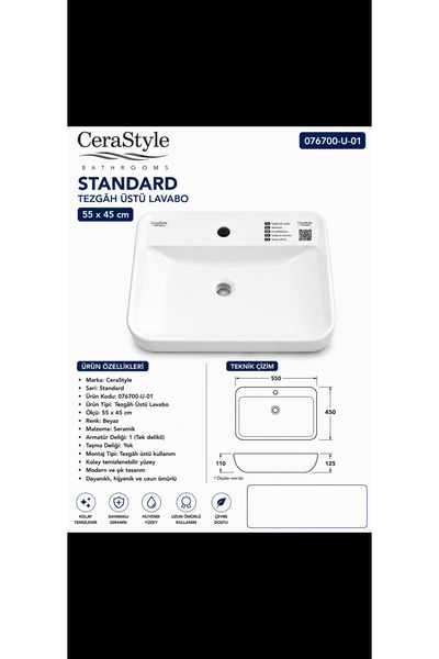 Genel Markalar CeraStyle Standard Tezgâh Üstü Lavabo – Beyaz