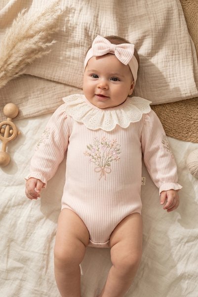 ANP MODA TASARIM Baby Girl Salmon Corduroy Cotton Scallop Collar Floral Embro...