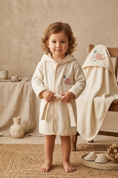 ANP MODA TASARIM Cute Cloud and Flower Patterned 100% Cotton Baby Bathrobe Se...