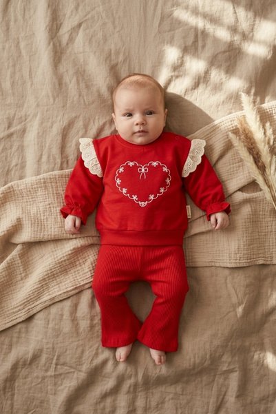 ANP MODA TASARIM Girl's Red Lace Detailed Heart Embroidered Sweatshirt and Ri...
