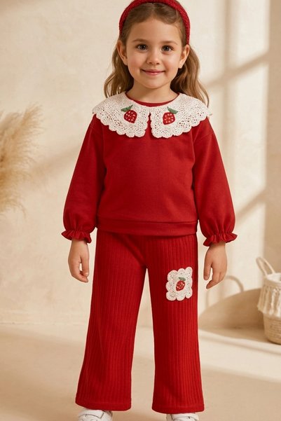 ANP MODA TASARIM Girl's Strawberry Embroidered Lace Collar Ribbed Red Top and...