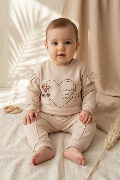 ANP MODA TASARIM Baby Girl Beige Heart Printed Ruffle Sweatshirt and Trousers...