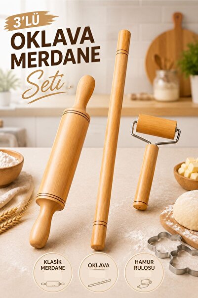 Kitchen Live Ahşap 3'lü Oklava Merdane Seti Hamur Açma Rulo Merdanesi