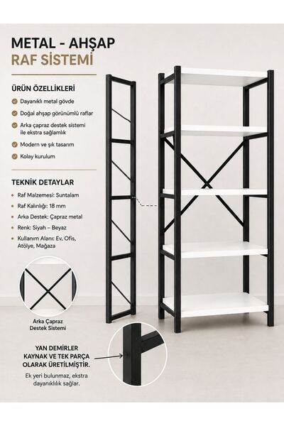 WANDOO 5 Raflı Çok Amaçlı Metal ve Ahşap Dolap – Kitaplık, Mutfak, Kırtasiye ...