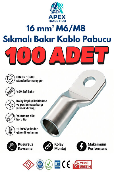 16mm M6 SKP Sıkmalı Bakır Kablo Pabucu - 100'lü Paket