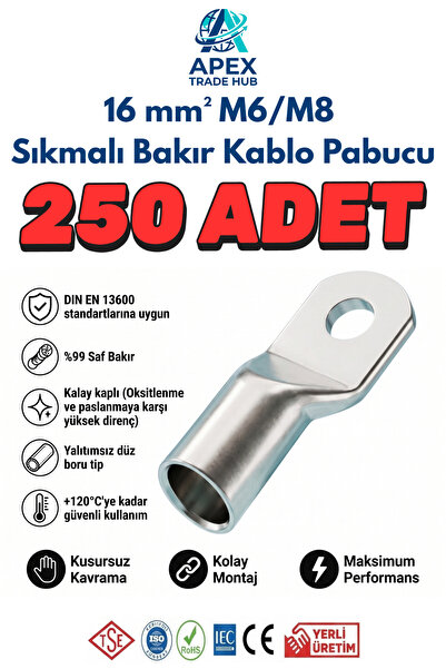 16mm M6 SKP Sıkmalı Bakır Kablo Pabucu - 250'li Paket