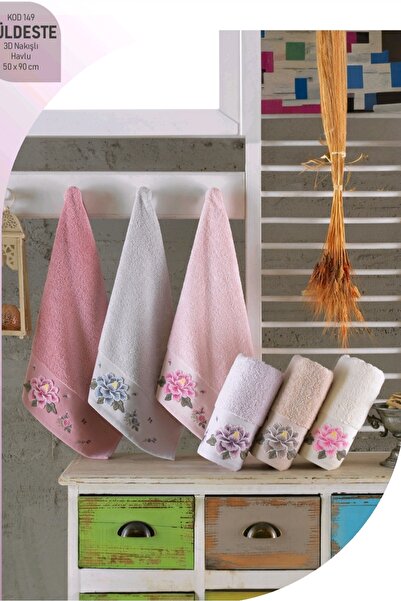 Nurpak 50X90 cm Duru 3D Embroidered Güldeste 6-Piece Towel Set 100% Cotton