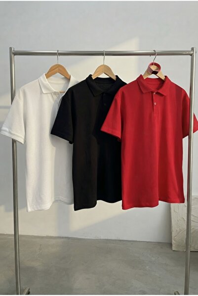 Buteks 3 Pack Red Black White Sports Polo Neck Buttoned Cotton Casual Short S...