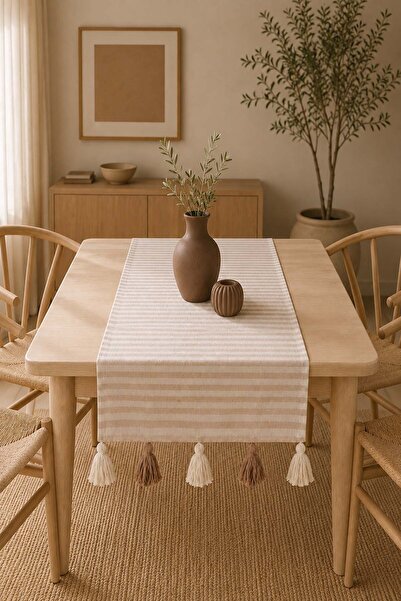 ÖDEL BULDAN Striped Buldan Linen, Tasseled Runner, Console, Coffee Table Cove...