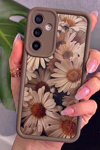 Rivor Samsung Galaxy S24 FE Uyumlu Kılıf Kamera Korumalı Vintage Papatya Desenli Kahverengi Silikon Kapak