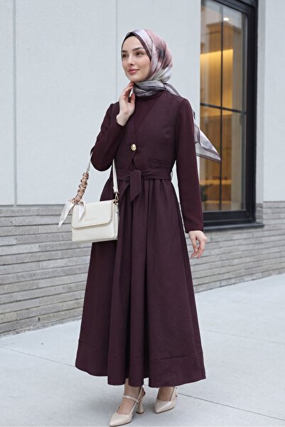 Modamorfo Cupra dress with elasticated waist and tie detail - plum