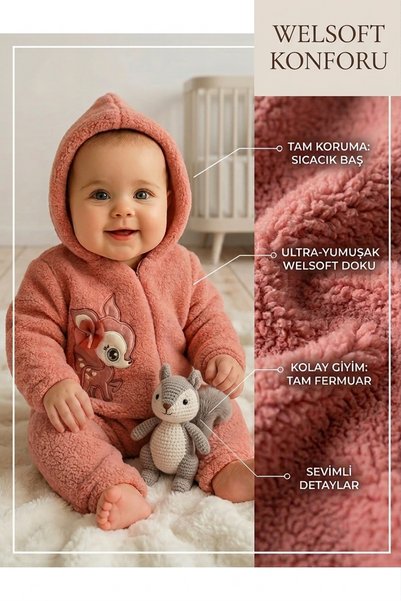 MİLAYS LİFE HOME COLLECTİON 3-12 AY SEVİMLİ HAYVAN NAKIŞ İŞLEMELİ KAPŞONLU FE...