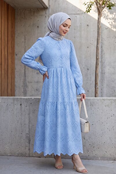 Modamorfo Half-Buttoned Lace Detailed Robadan Dress -Blue