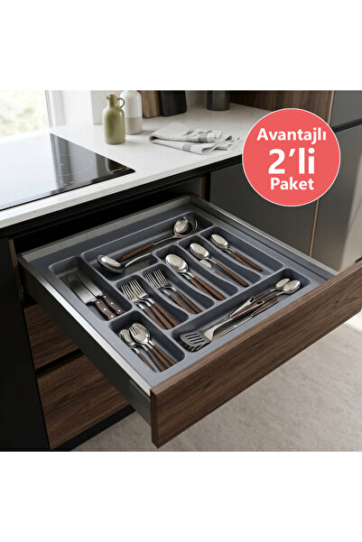 EYM 2 Drawer Cutlery 47 X 49 cm Gray Kitchen Drawer Organizer