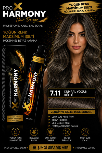 X Pro Harmony Küllü Kumral Saç Boyası 7.11 Yoğun Küllü Kumral Kalıcı Tüp Saç ...