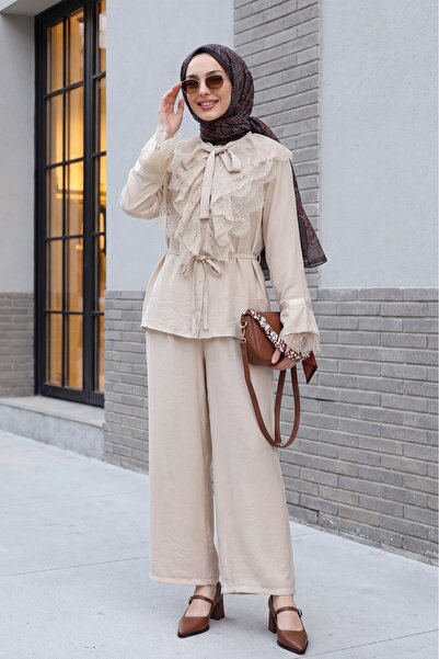 Modamorfo Cupra Suit with Tie-Neck Lace, Ruffles, Belted Pants and Lining - S...