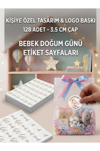 rprint Özel Tasarım İsimli Bebek Doğum Günü Hediyelik Süsleme Etiketi (3.5 cm...