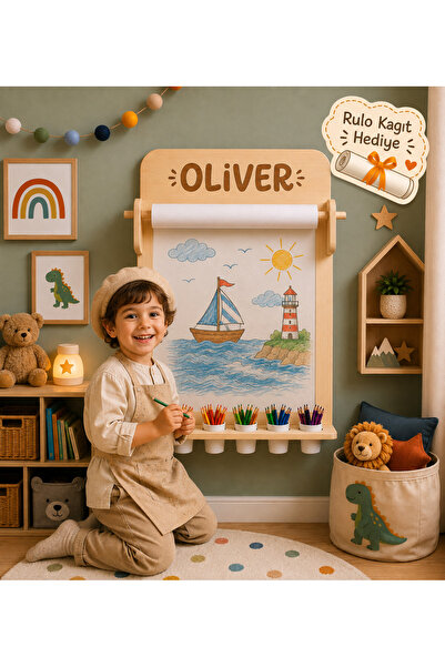 ahşapella Kişiye Özel Montessori Çocuk Resim Tahtası – Duvara Monte Ahşap Yaz...