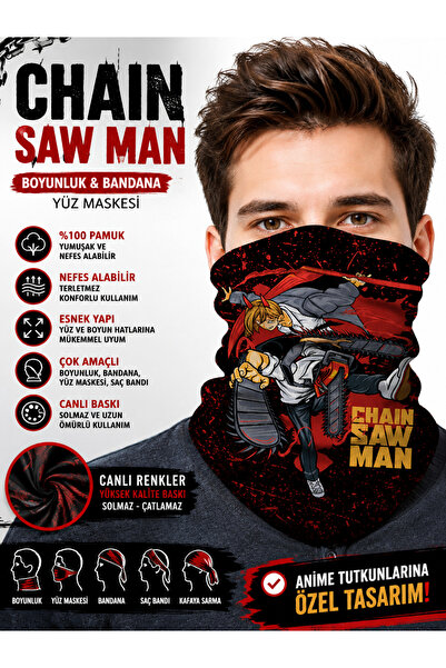 FG KONNİCHİWA Chainsaw Man Baskılı Bandana Anime Yüz Maskesi ve Boyunluk ve G...