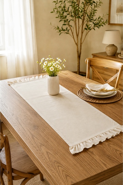 HOME ART ATELIER hand made Naturel Fırfırlı Vintage Runner- Soft Keten Seri