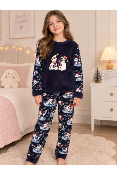 Fil Kids Girl's Navy Blue Cute Penguins Patterned Long Sleeve Winter Fleece P...
