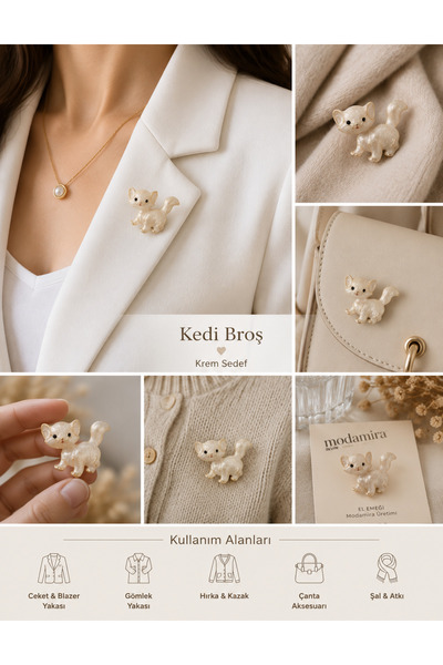 modamira Kedi Broş - Krem -En: 3,5 cm / Boy: 3 cm