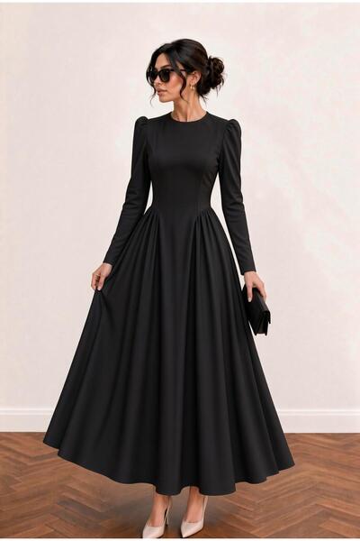 Avakado Vintage Elegance Uzun Kollu Siyah Belden Oturtmalı Maxi Elbise