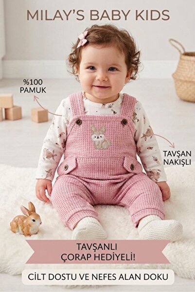 MİLAYS LİFE HOME COLLECTİON Rabbit Embroidered Baby Jumpsuit with Socks Gifte...