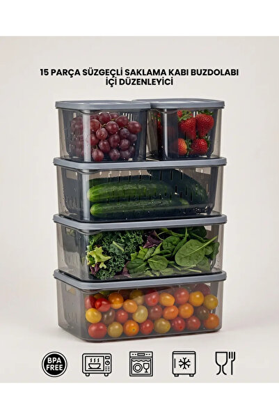 HOMENIVA 15 Parça Fresh Antrasit Süzgeçli Buzdolabı Saklama Seti