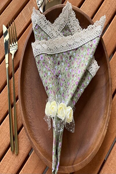 zarafet concept Yeşil Çıtır Bahar Çiçekli Vintage Dantel Detaylı 6 Adet Kumaş...