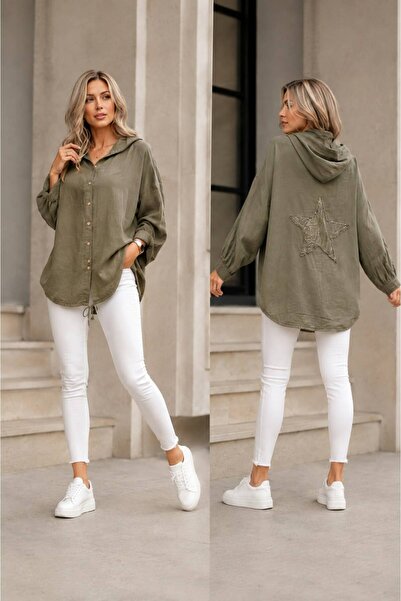 MARWARİ OTANTİK BUTİK Linen Hooded Women's Jacket with Stars on the Back 40-48