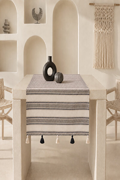 ÖDEL BULDAN Jacquard Striped Buldan Linen, Tasseled Runner, Console, Coffee T...
