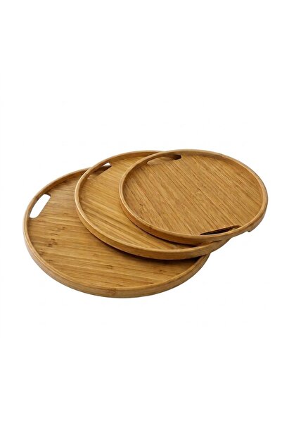 Go İthalat Bambu 3 Boy Yuvarlak Servis Sunum Tepsisi 30x35x38 cm.