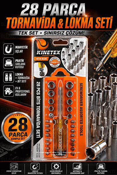 ellante Kinetex 28 Parça Tornavida ve Lokma Seti Manyetik Bit Uçlu Çok Amaçlı...