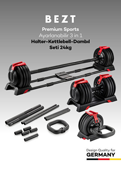 Bezt Premium Sports Ayarlanabilir 3 in 1 Halter Kettlebell Dambıl Seti 24kg K...