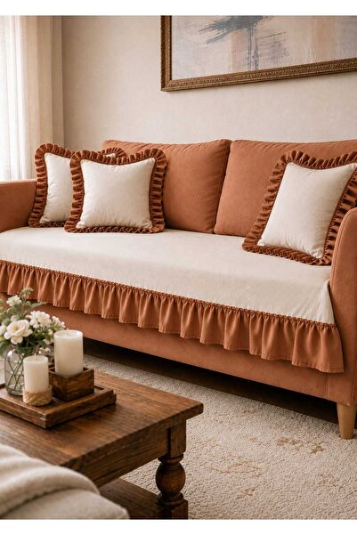 HOME ART ATELIER hand made Keten Fırfırlı Koltuk Örtüsü Bohem Dekoratif Kanep...