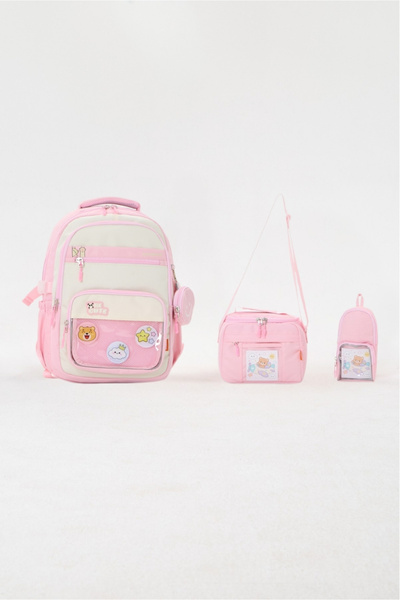 Roxbros Kawaii Kore Tarzı Aksesuarlı 3'lü Set Pembe Kız Çocuk İlkokul Sırt Ça...
