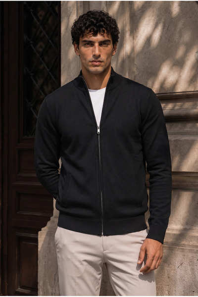 Valiberta Velaro Premium Lycra Zippered Men's Knitwear Cardigan - Black
