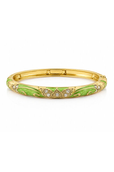FIERA JEWELRY Vip Green Enamel Stone Detailed Gold Color Handcuff Bracelet