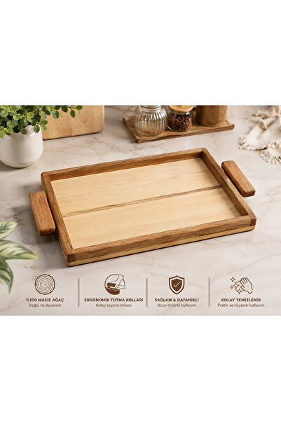 ustawood Masif Çam ve Gürgen Ahşap Kulplu Sunum Tepsisi 44×30 cm
