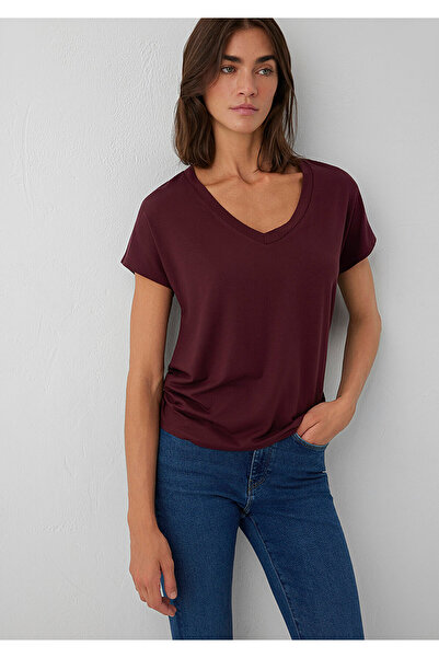 Mavi V Yaka Bordo Basic Viskoz Tişört Regular Fit / Normal Kesim 167714-70422