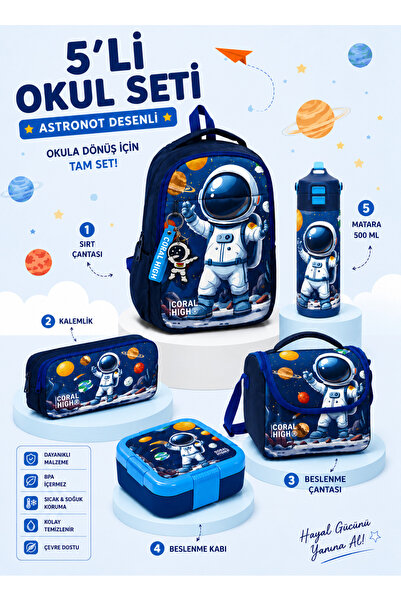 Coral High Navy Blue Astronaut Patterned 5-Piece School Bag Set Backpack Pen ...