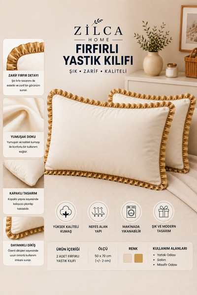 ZİLCA HOME Gold Fırfırlı Yastık Kılıfı 2’li Set 50x70 cm – Kapaklı, Fermuarsı...
