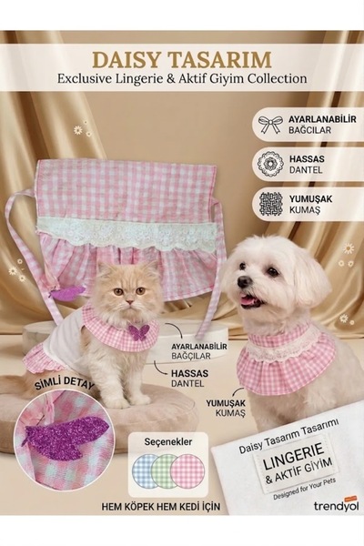 Daisy Tasarım Kedi ve Küçük Irk Köpek Dantelli Fular – Pembe Ekose Ayarlanabi...