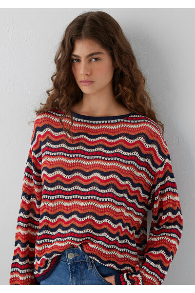 Mavi Turuncu Jakarlı Kazak Loose Fit / Bol Rahat Kesim 1710972-91010