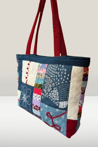 QuZeLLiK Vintage Görünümlü El Nakışlı Kot Patchwork Kadın Çantası