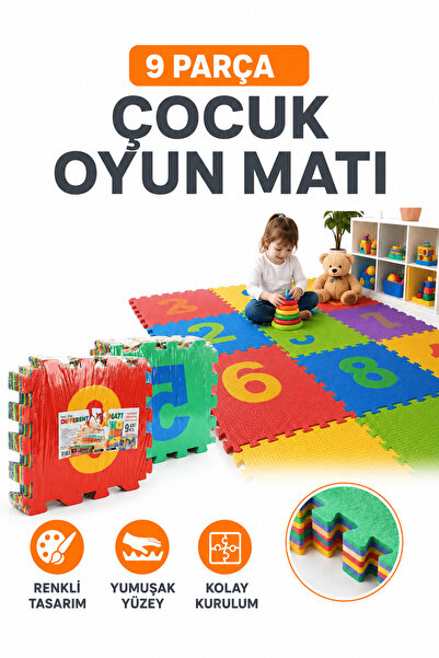 Trendhane 9 Parça Renkli Puzzle Yer Matı 33x33 cm Birbirine Geçmeli Yumuşak Oyun